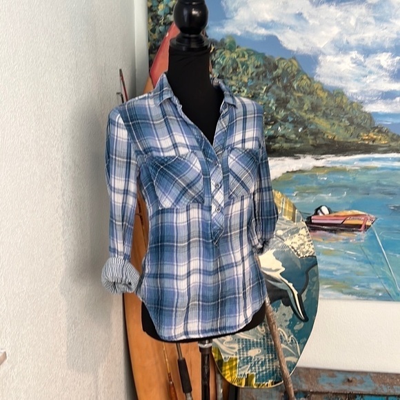 Anthro’s Cloth & Stone,Breezy Plaid Button Down Blouse,Sinfully Soft,Button Up - Picture 2 of 13